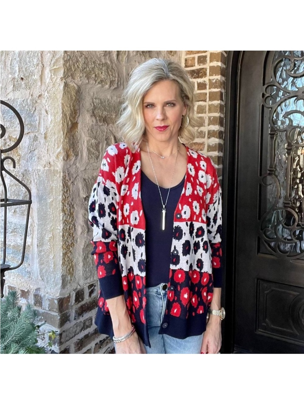 CAbi Red, Navy & White Floral Open Cardigan